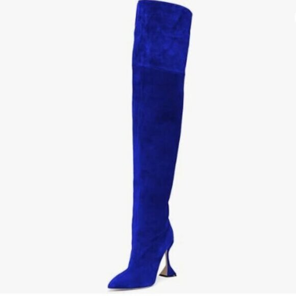 YDN Women Pointed Toe Over The Knee Boots ,Block High Heel Thigh High Boots Blue - Picture 1 of 8
